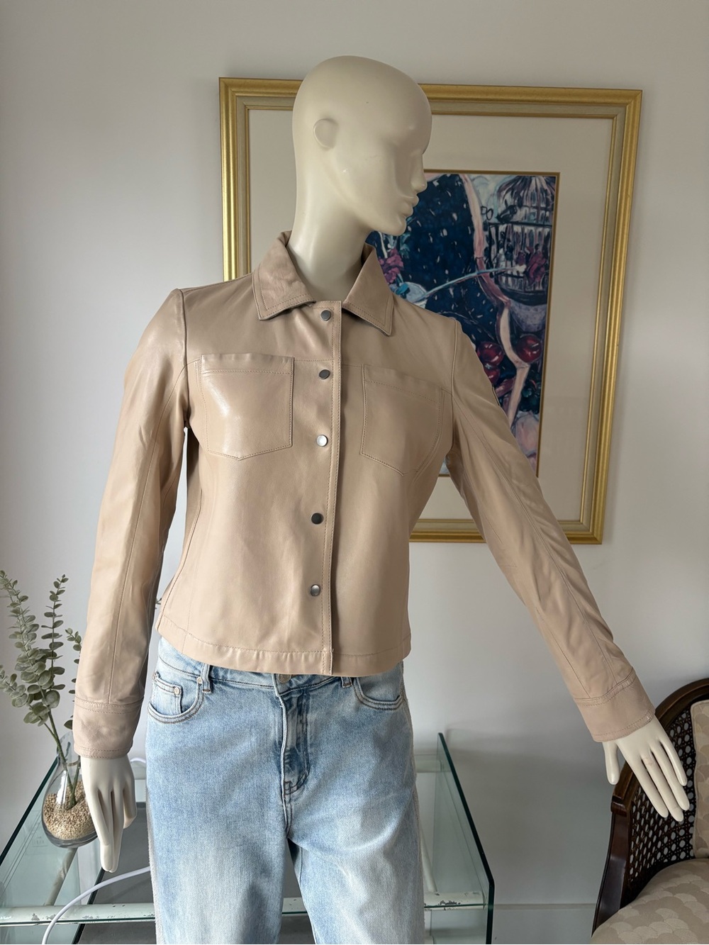 Women's Light Beige Leather Snap-Front Jacket